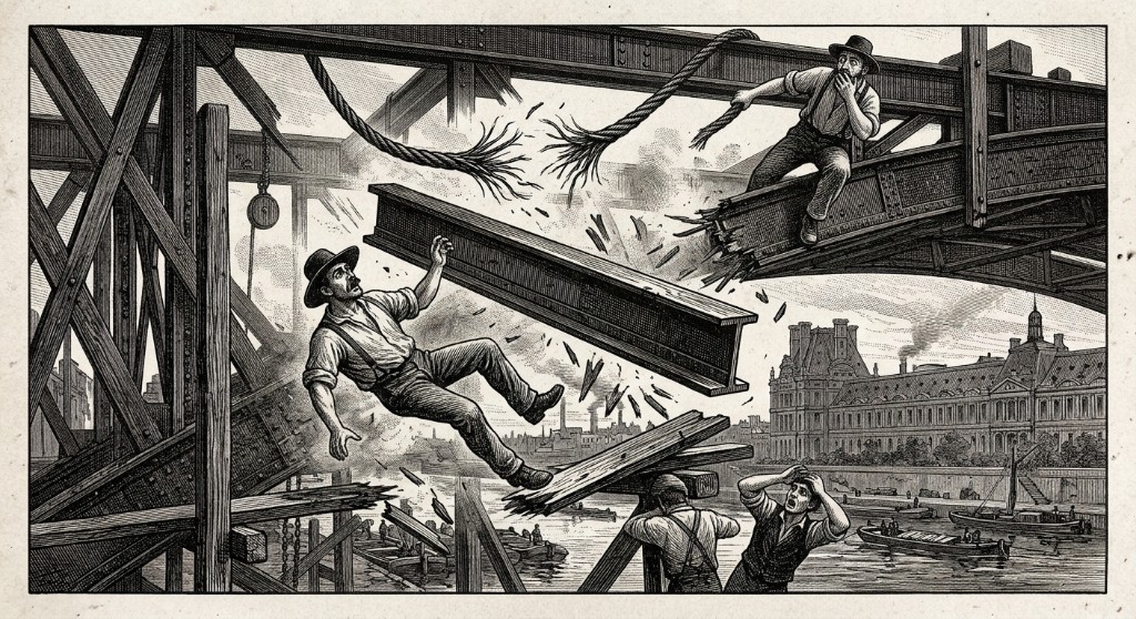 Ouvrier-peintre assis sur le pont, toiles le long du garde-corps
